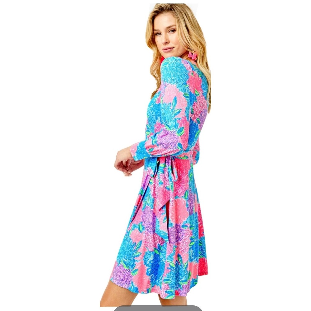 Lilly Pulitzer Wrap Dress Womens S Pink Blue Floral Long Sleeve Faux Wrap Jersey - Picture 8 of 16
